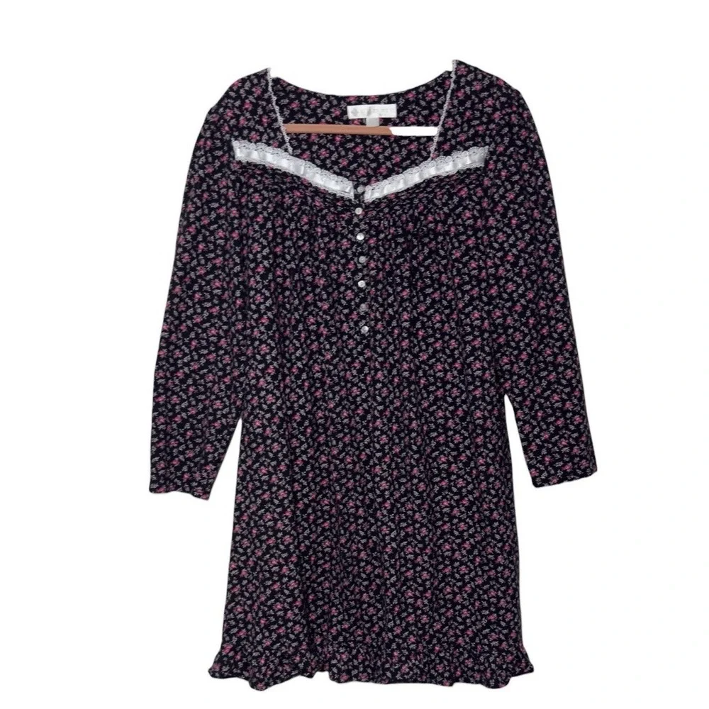 Eileen West Nightgown Womens Large Black Floral Long Sleeve Button‎ Lace Flannel